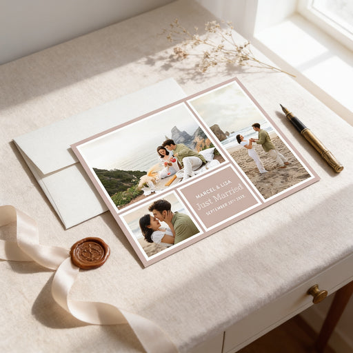 a wedding invitation card with a collage of photos depicting a couple, a wedding date, and a ribbon.