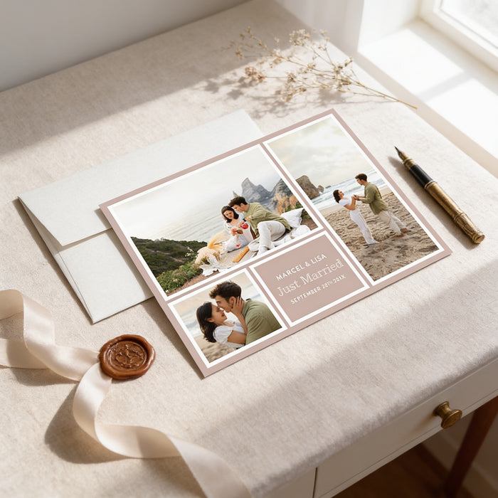 a wedding invitation card with a collage of photos depicting a couple, a wedding date, and a ribbon.