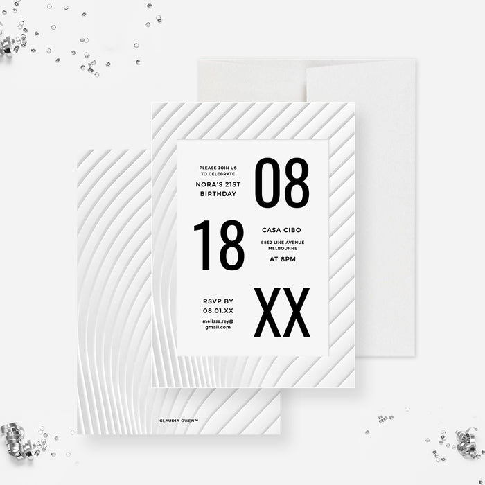 a white card with a black and white design on it