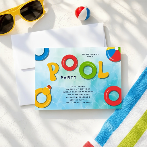 a pool party invitation with colorful illustrations of pool toys and a beach ball, along with sunglasses, a towel, and a note.