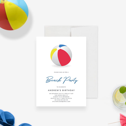 Summer beach ball birthday invitation with red yellow and blue artwork on white.