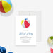 Summer beach ball birthday invitation with red yellow and blue artwork on white.