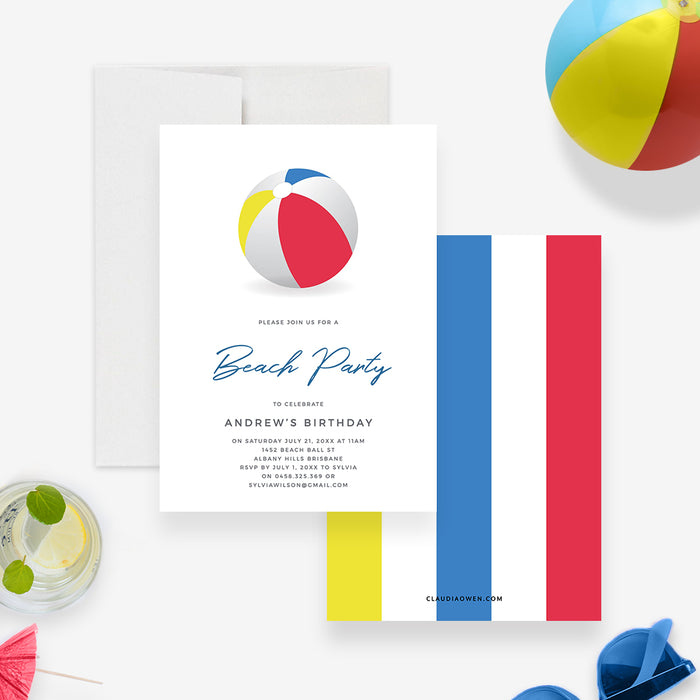 Beach ball birthday invitation front and coordinating red yellow blue and white color block back.
