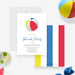 Beach ball birthday invitation front and coordinating red yellow blue and white color block back.
