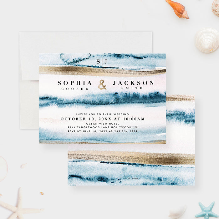beach destination wedding invitation with blue ocean wave artwork, sand-toned accents, monogram, and coastal wedding details-front-back