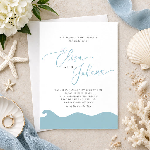 Beach wedding invitation featuring hand-drawn ocean waves and minimalist typography-front