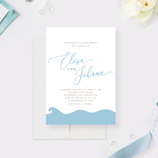 Beach wedding invitation featuring hand-drawn ocean waves and minimalist typography-front