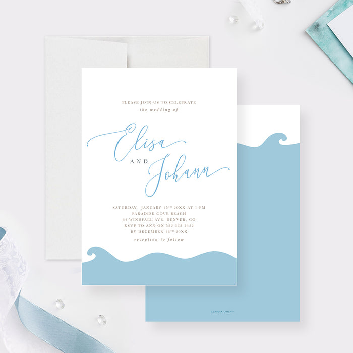 Beach wedding invitation with hand-drawn blue ocean waves-front-back