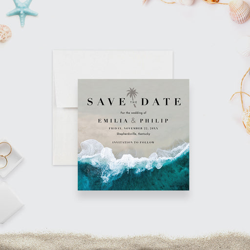 Beach wedding save the date card with coastal ocean waves for destination wedding-front