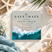 Beach wedding save the date card with turquoise ocean waves, sandy shoreline, palm tree accent, and personalized couple’s names and wedding date.