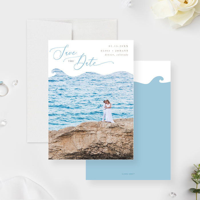 Beach wedding save the date card featuring a couple’s photo with ocean wave frame-front-back