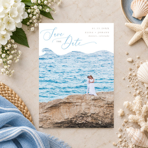Beach wedding save the date card featuring a couple’s photo with ocean wave frame-front