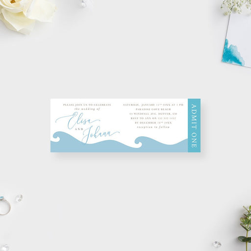 Beach wedding ticket invitation with hand-drawn blue ocean waves for coastal or destination seaside wedding