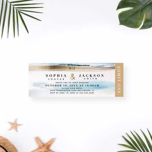 beach wedding ticket invitation with blue ocean wave artwork, sand-toned accent panel, and admit one ticket design