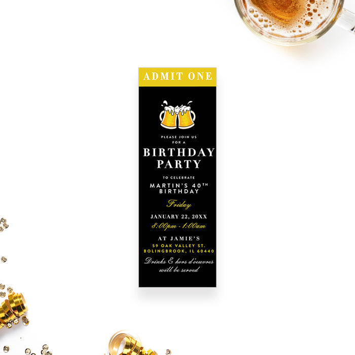 Beer Birthday Party Ticket Invitation, Beer Themed Ticket Invites with Beer Mugs, Beer Tasting Ticket Cards