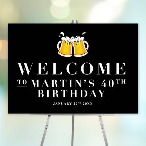Beer-themed birthday welcome sign featuring a frothy mug design, black background, and bold white text. Customizable party décor for milestone celebrations.
