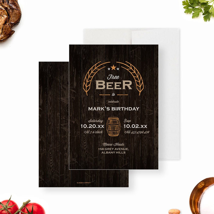 Beer lovers invitation with rustic woodgrain texture and wheat illustration