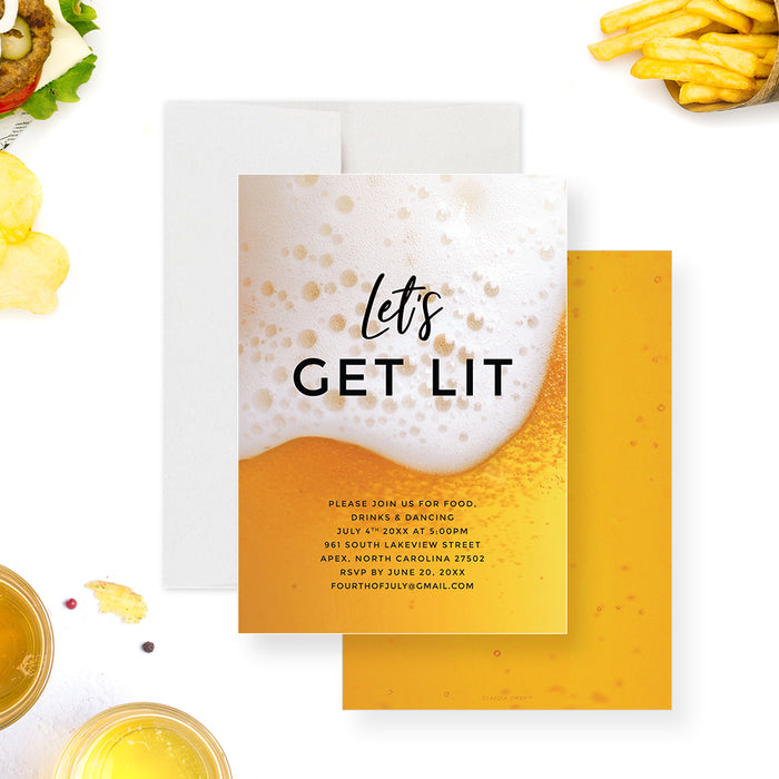 Beer-themed 4th of July party invitation featuring “Let’s Get Lit” text and a bubbly beer design-front-back