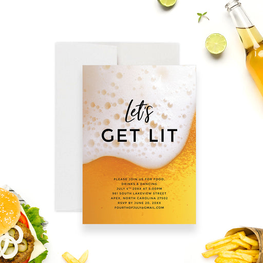 Beer-themed 4th of July party invitation featuring “Let’s Get Lit” text and a bubbly beer design-front