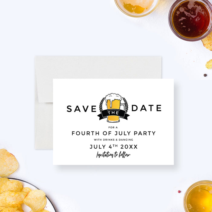 Beer-themed save the date card for Fourth of July party with beer mug illustration-front
