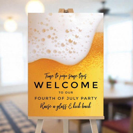 Beer-themed Fourth of July welcome sign with a foamy beer design, perfect for entrances and backdrops.