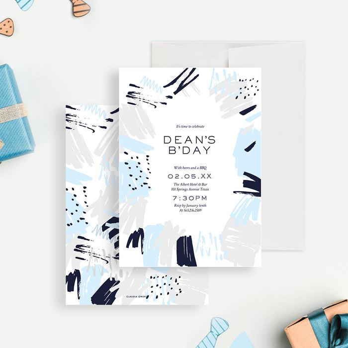 modern beers and BBQ birthday invitation with blue and gray abstract brushstroke design for a stylish adult birthday celebration-front-back