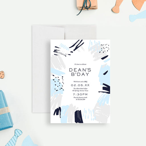 modern beers and BBQ birthday invitation with blue and gray abstract brushstroke design for a stylish adult birthday celebration-front
