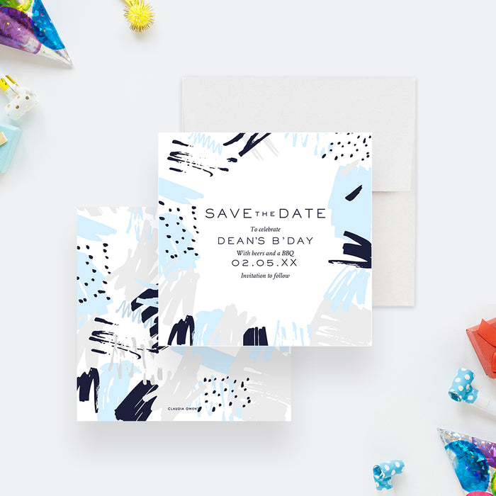 Artistic Birthday Save the Date Card For Men with Abstract Art in Gray and Pastel Blue, Beers and BBQ Bday Save the Dates