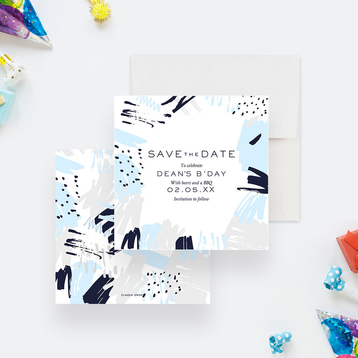 modern beers and BBQ birthday save the date card with blue and gray abstract brushstroke design-front-back