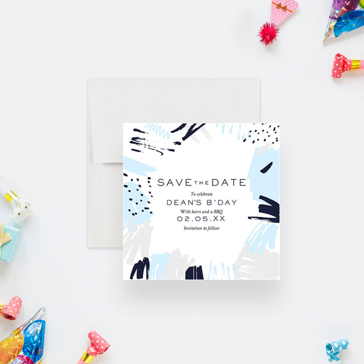 modern beers and BBQ birthday save the date card with blue and gray abstract brushstroke design-front