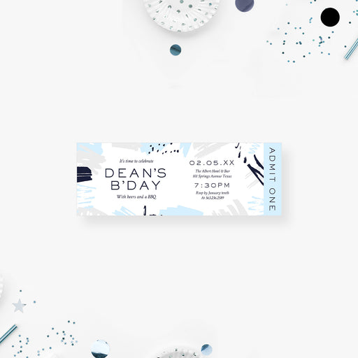 modern beers and BBQ birthday ticket invitation with blue and gray abstract brushstroke design
