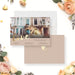Personalized engagement party invitation featuring a custom couple's photo, gold script "Love" lettering, beige background, and event details-front-back