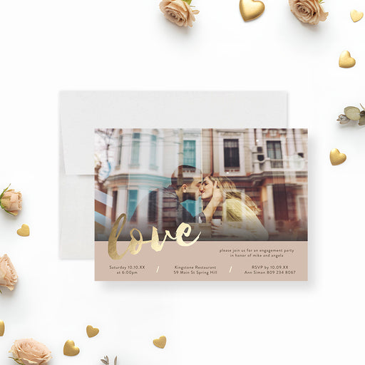 Personalized engagement party invitation featuring a custom couple's photo, gold script "Love" lettering, beige background, and event details-front