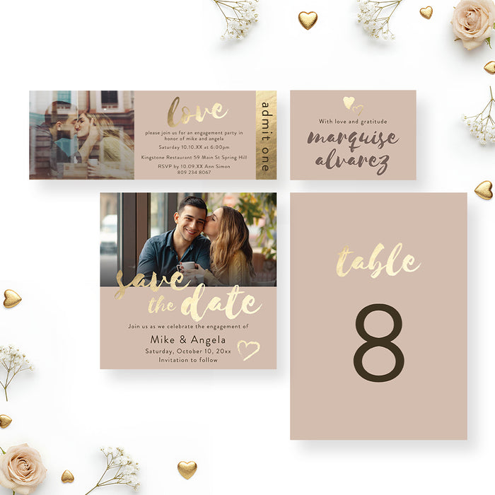 Personalized Photo Engagement Party Invitation with Gold Accents