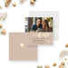 Personalized photo engagement save the date card with couple portrait, beige panel, gold lettering, heart accent and custom event details-front-back