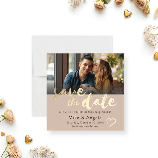 Personalized photo engagement save the date card with couple portrait, beige panel, gold lettering, heart accent and custom event details-front