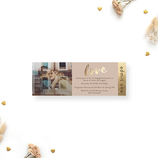Personalized engagement party ticket invitation with couple photo, beige details panel, gold love lettering and an admit one ticket stub