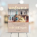 Personalized engagement welcome sign featuring a couple photo, beige and gold design, custom names, and event details displayed on an easel.