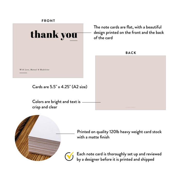 Front and back of beige wedding thank you cards with bold lettering showing A2 dimensions and matte cardstock details.