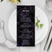 Birthday dinner menu card with sophisticated dark purple marble background and elegant typography