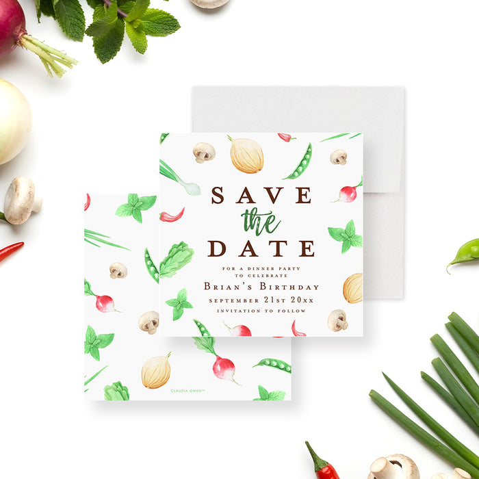 Dinner party save the date card featuring vegetable illustrations for a birthday dinner, cooking party, or garden themed celebration.-front-back