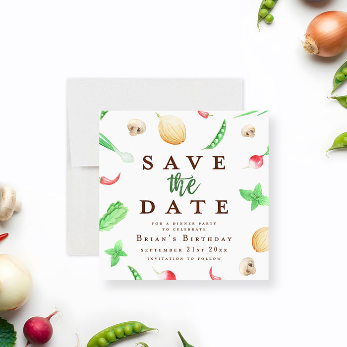 Dinner party save the date card featuring vegetable illustrations for a birthday dinner, cooking party, or garden themed celebration.-front