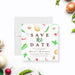 Dinner party save the date card featuring vegetable illustrations for a birthday dinner, cooking party, or garden themed celebration.-front