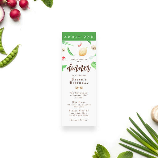 Dinner party ticket invitation with vegetable illustrations for a birthday celebration, food themed event, or unique admit one style invite.