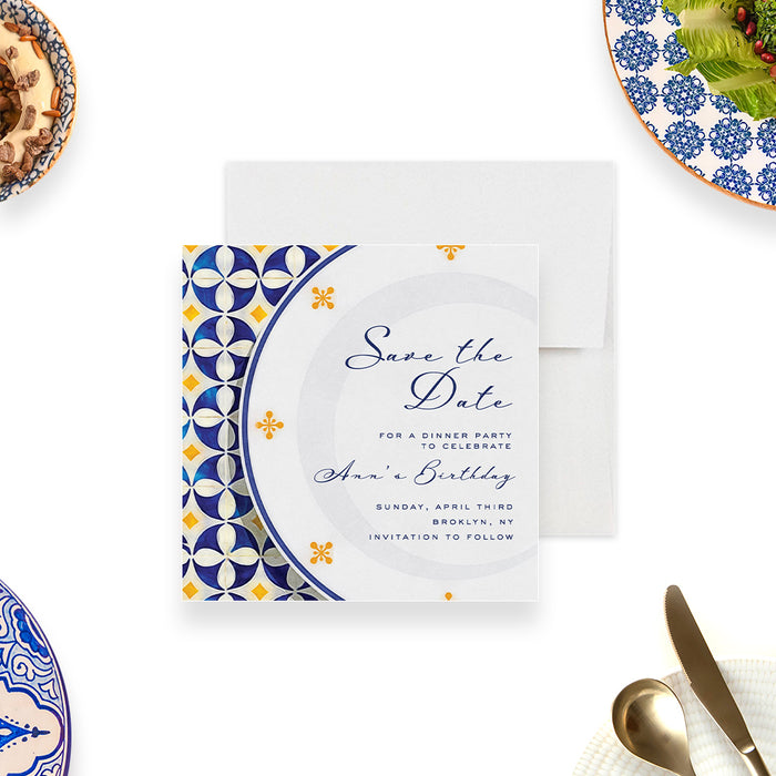 Birthday Dinner Save the Date Invitation Card with Plate and Tablecloth Design, Italian Dinner Party Save the Dates with Mediterranean Vibe