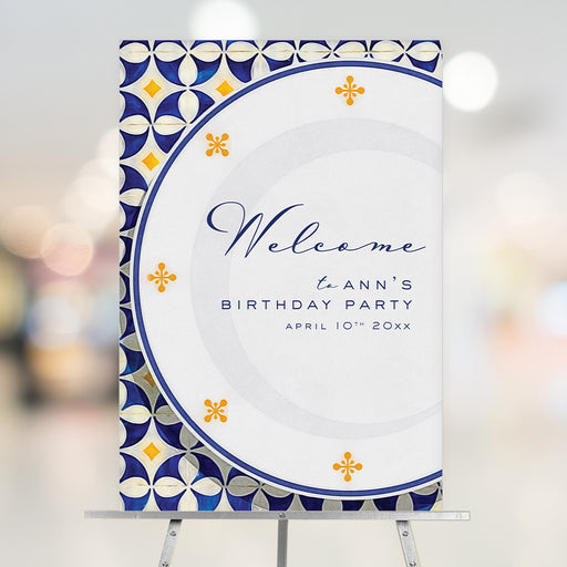 Elegant birthday welcome sign featuring a blue and gold tile border, plate illustration, and customizable event text.