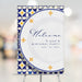 Elegant birthday welcome sign featuring a blue and gold tile border, plate illustration, and customizable event text.