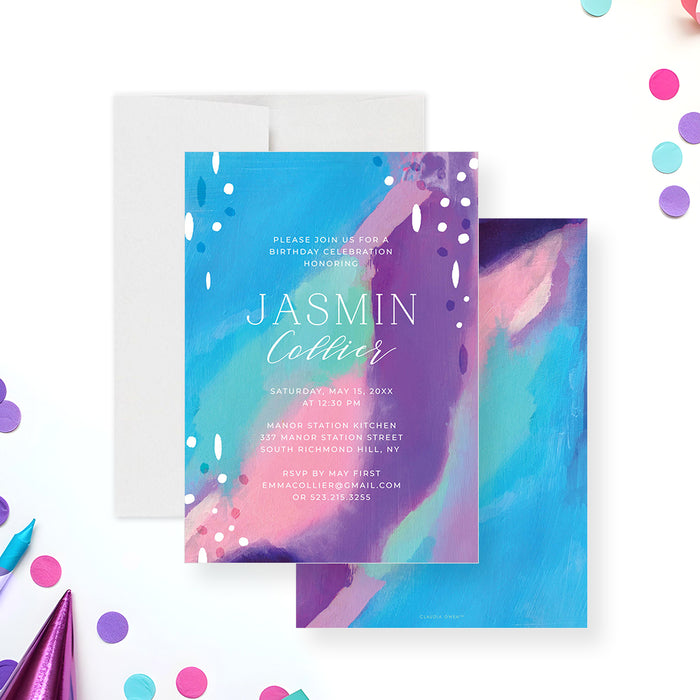 Colorful abstract paint birthday invitation with vibrant artistic design, modern girls party invite with bold colors-front-back