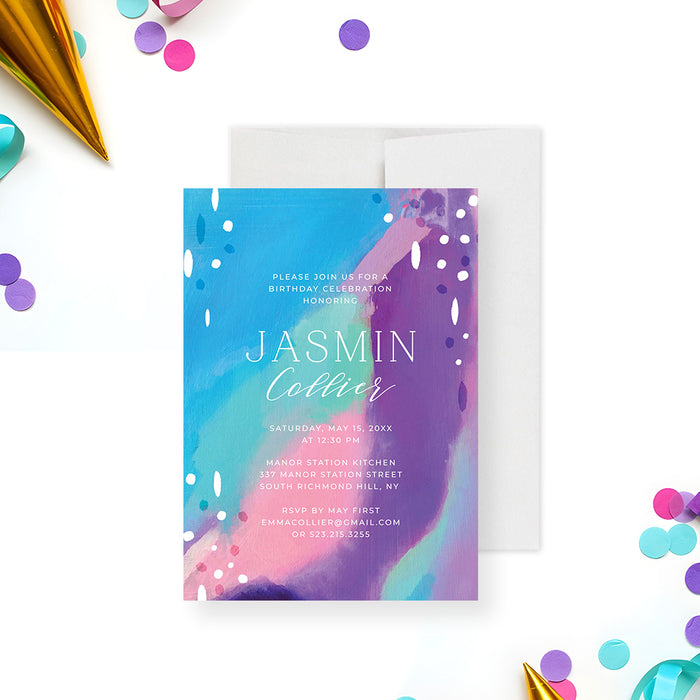 Colorful abstract paint birthday invitation with vibrant artistic design, modern girls party invite with bold colors-front