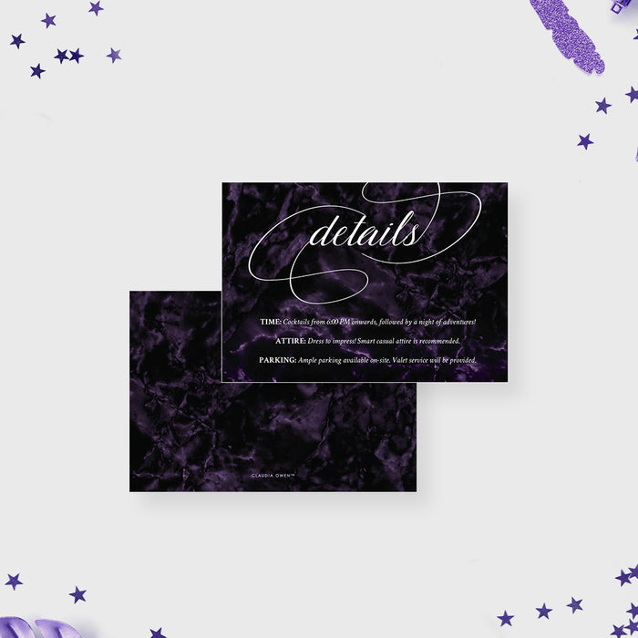 Birthday invitation details card featuring dark purple marble design with modern typography for event information